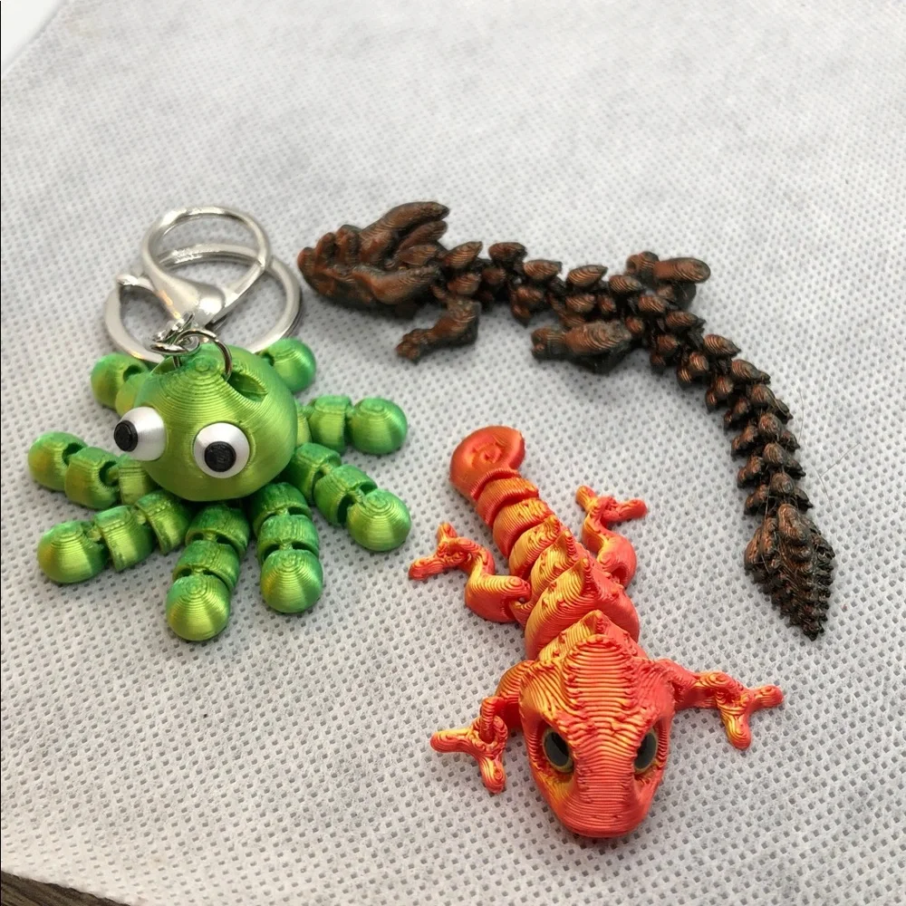 Colorful Kids 3-Pack Toy Figures - Orange Octopus, Blue Lizard, Green Skeleton